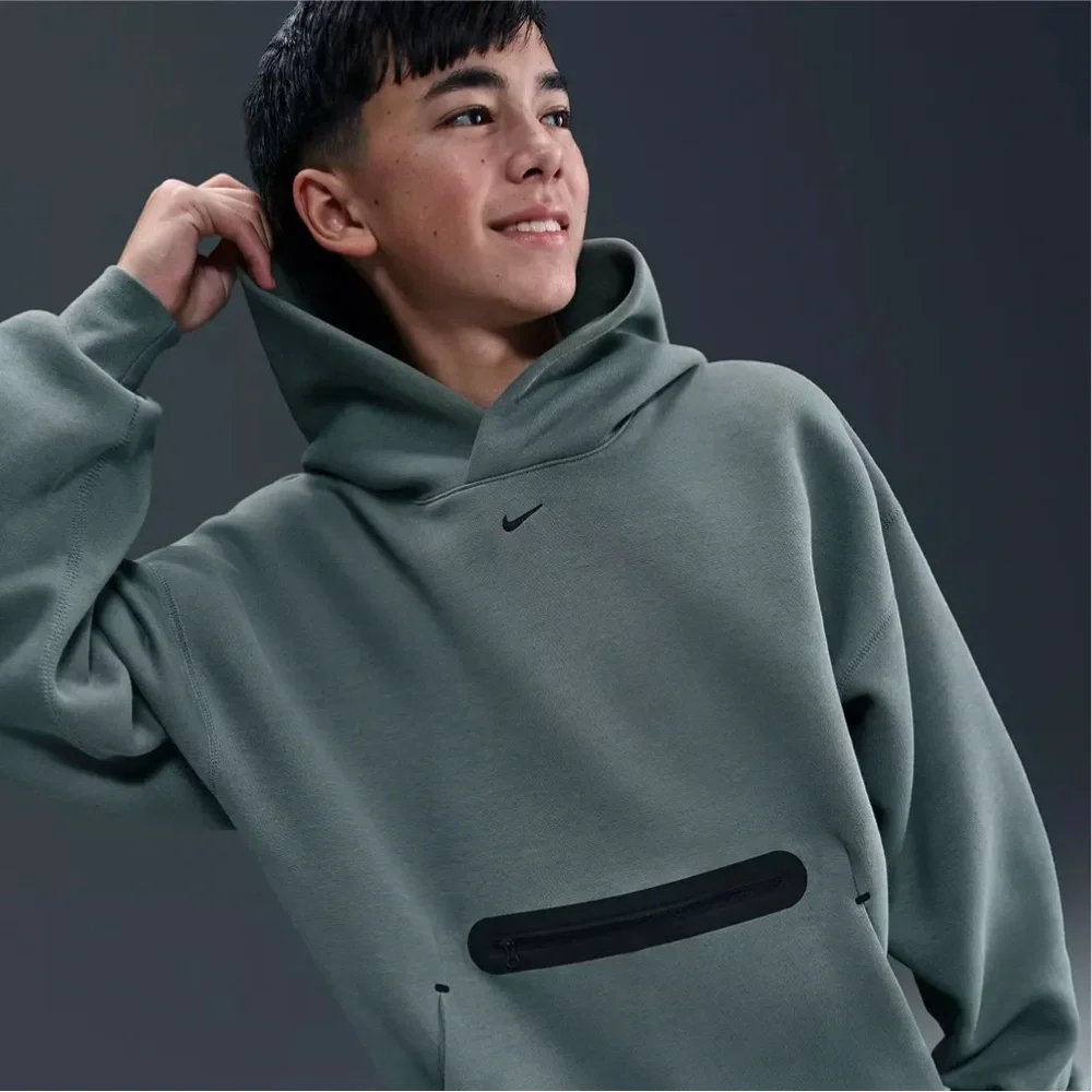 Nike Boys' Sportswear Tech Fleece Oversized Pullover Hoodie- Clay Green/Black